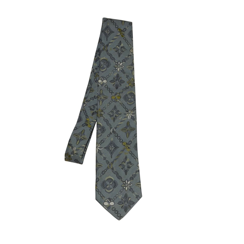 Emilio Pucci Mens Silk Wool Geometric Floral Chain Link Tie Blue Grey Italy